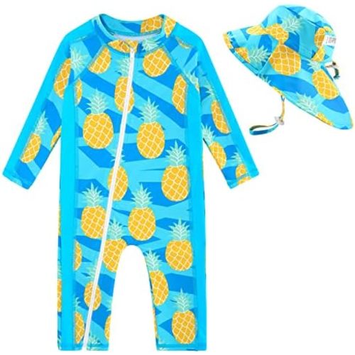 UNIFACO Baby Boy Swimsuit UPF 50+ Sun Protection One Piece Zip Bathing Suit with Sun Hat Infant Sunsuit Swimwear