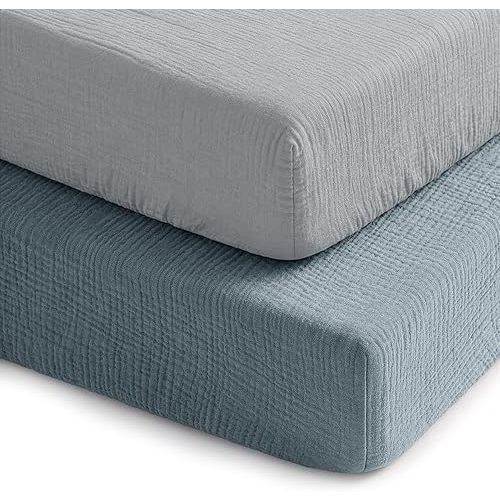 Comfy Cubs 100% Muslin Crib Fitted Sheet 2 Pack, Pacific Blue and Heather - 100% Cotton, Soft & Breathable Crib Sheets for Toddler Mattress - Snug Fit, Secure Elastic with Beautiful Packaging