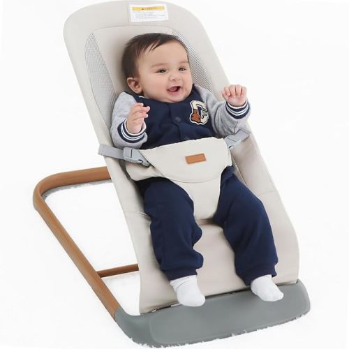 AMKE CooCon Baby Bouncer,Ergonomic Bouncer Seat for Babies with 3 Recline Positions,Portable Newborn Bouncer Seat, Mesh Design Bouncers for Infants,Beige