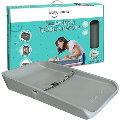 Baby Works - Deluxe Foam Diaper Changing Pad – Waterproof, Easy to Clean, Soft & Supportive, Safety Strap, Non-Skid Base, Portable for Newborns, Infants & Toddlers – Grey, 27" x 16.5" x 3.25"