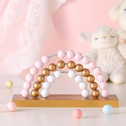 Cute Pink Rainbow Girls Room Decoration 8.66 x 5 Inch Boho Standability Pastel Kids Nursery Playroom Kids Bedroom Decor Bookshelf Wooden Rainbow Decor (Gold)