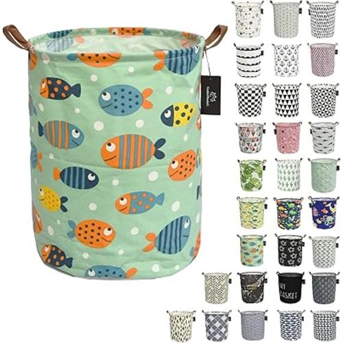 laundry baskets,bedroom hamper,kitchen organization,GodenMoninG 62.8L Waterproof Round Cotton Linen with Handles Collapsible storage basket. (Colour Fish)