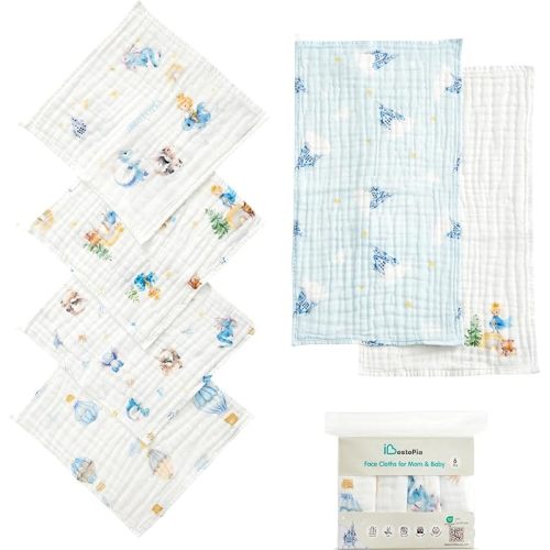 6-Pack Baby Washcloths & Long Towels, 100% Cotton Muslin Face Towels for Baby & Mom, Ultra-Soft Newborn Essentials with Gift Box, for Boys & Girls (Woodland Starry Night Series)