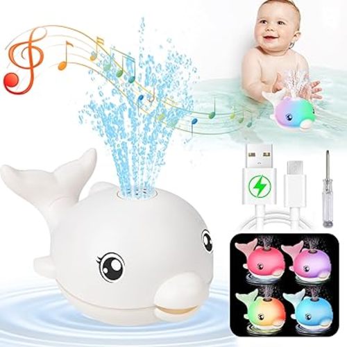 2024 Upgraded Bath Toys, Rechargeable Baby Bath Toys, Dolphin Spray Water Light Up Musical Toys 6-12 12-18 Months, Sprinkler Water Pool Bathtub Toys for Toddlers 1-3 2-4 Boys Girls Infant Kids - White
