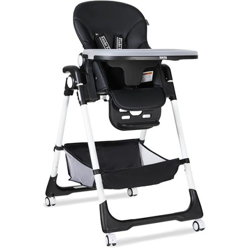 Kinder King High Chair for Babies & Toddlers, Simple Fold Highchair w/Large Storage Basket, Adjustable Height, Recline & Footrest, Detachable Double Trays, 4 Lockable Wheels, Easy to Clean, Black