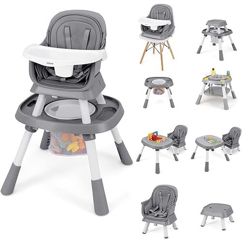 INFANS 9 in 1 High Chair, Convertible Baby Highchair for Babies and Toddlers, Table and Chair Set Building Block Infant Dining Booster Seat, Kids Stool with Activity Children Play Kitchen (Grey)