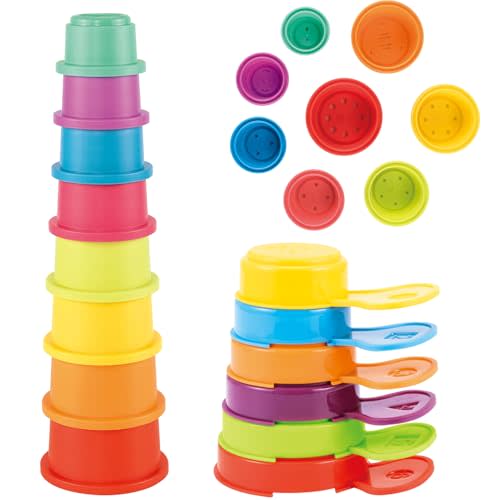 Bath Toys, 14 PCS | Safe & Educational Stacking Cups and Spoons with Numbers | Mold Free & Easy Grip Bath Toys for Baby and Toddler | Bathtub Water Toys with Early Learning Color & Shape Recognition