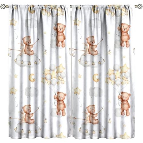 Cartoon Bear Curtains for Kids Boys Girls, Cute Bunny Bears Cloud Star Balloon Print Rod Pocket Window Drapes for Nursery Toddler Baby Bedroom Living Room, 42" W X 45" L