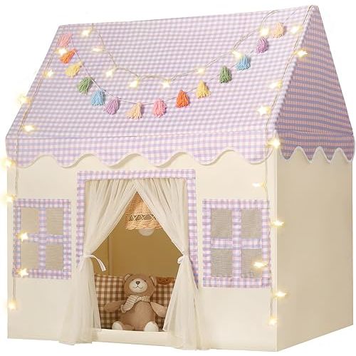 Kids Play Tent Indoor: Mat, Tassel Garland, Star Lights - Purple Checkered Girls Tent Playhouse for Toddlers Kids Toys for Boy Girl Birthday Gift