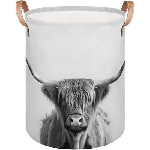 Laundry Hamper Highland Cow Large Collapsible Laundry Baskets Waterproof Clothes Hamper with Leather Handles for Bedroom, Living Room, Bathroom, Dorm, Toys