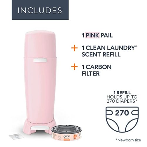 Diaper Genie Complete Diaper Pail (Pink) with Antimicrobial Odor Control | Includes 1 Diaper Trash Can, 1 Refill Bags, 1 Carbon Filter - Pail + 1 Refill