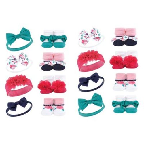 Hudson Baby Infant Girl 16Pc Headband and Socks Giftset, Bright Pink Floral, One Size