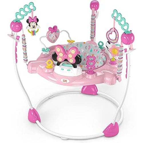 Bright Starts Disney Baby Minnie Mouse Forever Besties Baby Activity Center Jumper with 10 Toys, Lights & Sounds, 360-Degree Seat, 6-12 Months (Pink)