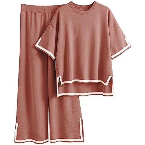 Tanming Sweater Sets Women 2 Piece Lounge Sets Short Sleeve Knit Pullover Tops Wide Leg Pants