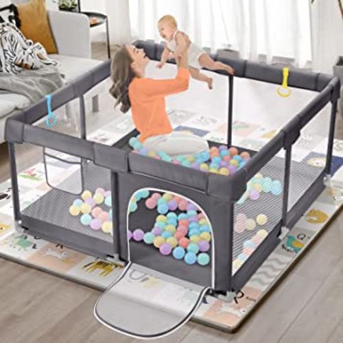 Dripex Playpen for Babies and Toddlers, Safe Anti-Fall Play Yard, Visible Play Pen with Gate, Baby Fence Play Area with Pull-up Ring, Washable Baby Play Yards, Anchor Grey, 50"x50"