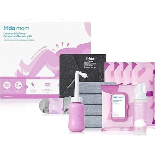 Frida Mom Hospital Packing Kit for Labor, Delivery, & Postpartum | Nursing Gown, Socks, Peri Bottle, Disposable Underwear, Ice Maxi Pads, Pad Liners, Perineal Foam, Toiletry Bag (15 PIECE GIFT SET)