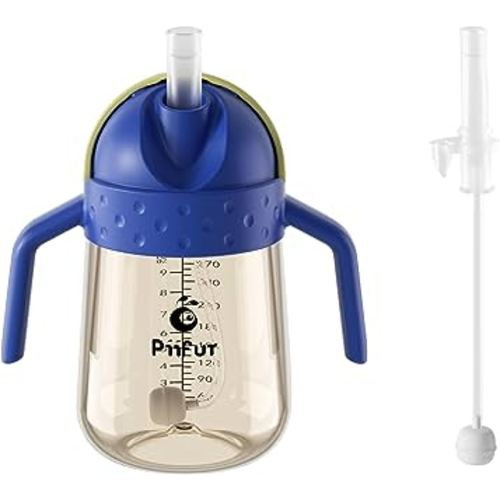 Piifur Weighted Straw Sippy Cup with Extra Straw Set, Spill Proof Water Bottle with Fixed Handle for Baby 6+ Months, 10 Ounce (Blue)