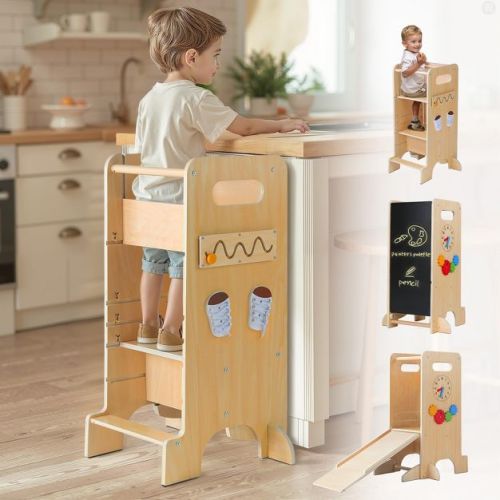 KOLIGEY Beige Toddler Tower 4-in-1 Multifunctional Kitchen Stool Helper with Removable Safety Board, Adjustable Heights