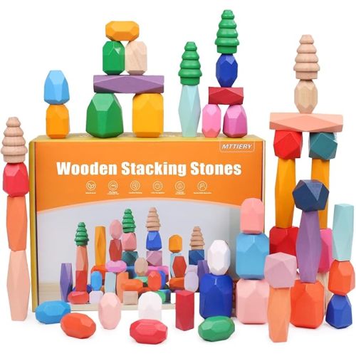 50PCS Wooden Stacking Rocks Building Blocks,Sensory Preschool Learning Activities Montessori Toys for Toddlers 3 Year Old, Balancing Stones Birthday Gifts for Kids 3-5