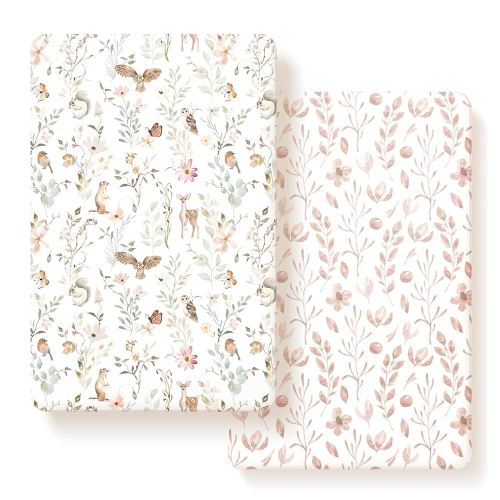 Pack n Play Sheets FItted 2 Pack, Stretchy Ultra Soft Jersey Knit Pack and Play Sheets, Universal Fitted Portable/Mini Crib Mattresses Snug and Safe, Beautiful Blush Pink Floral and Cute Animals Print