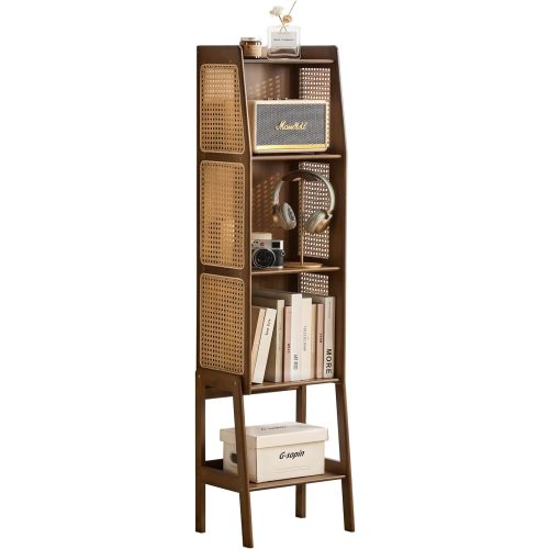 Welnow Bamboo Rattan Bookcase with Cabinet, 3-Tier Storage Shelf with Side Table & End Table Function, Large Modern Wood Organizer for Living Room or Bedroom, Walnut Bookshelf