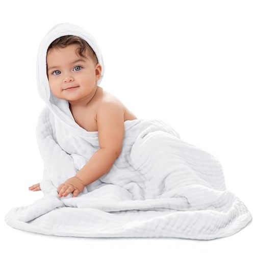 Comfy Cubs Baby Hooded 9 Layer Muslin Cotton Towel for Kids, Large 32” x 32”, Ultra Soft, Warm, and Absorbent. Baby Essentials Bath Towels, Cute Unisex Cover for Girls and Boys (Pack of 1, White)
