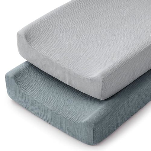 Comfy Cubs Muslin Fitted Changing Pad Cover Pack of 2, Pacific Blue and Heather - Soft, Breathable, Washable 100% Cotton Fitted Sheet for Comfort - Universal Fit for Flat & Curved Baby Changer Pad