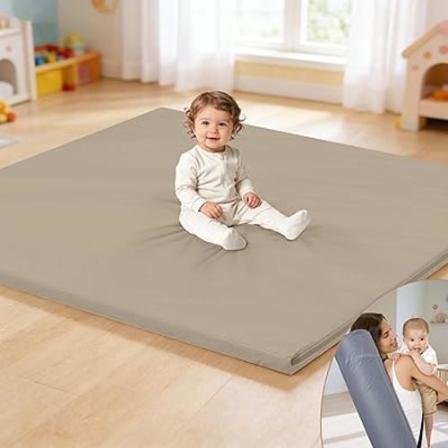 Baby Play Mat 47x47 Inches, Extra Thick 1.2" Foam Floor Mat for Tummy Time & Crawling, Waterproof Non-Slip Faux Leather Playpen Mat for Infants Toddlers, Indoor Outdoor Gym Activity, Brown