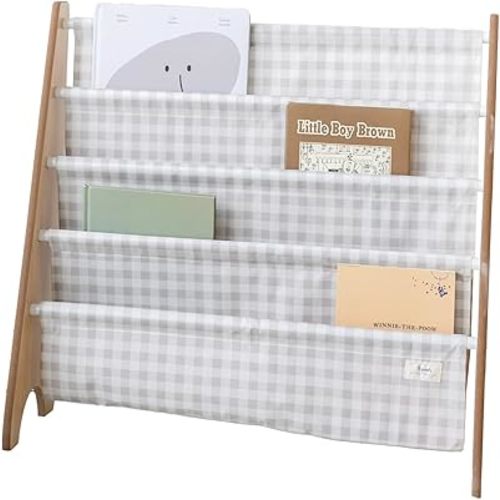 3 Sprouts Recycled Fabric Kids Bookshelf – 4-Tier Sling Book Rack Storage - Kids Room Book Shelves, Nursery, Playroom, Classroom - Bookcase Display Shelf for Toddler, Children Age 3+ - Gingham Beige
