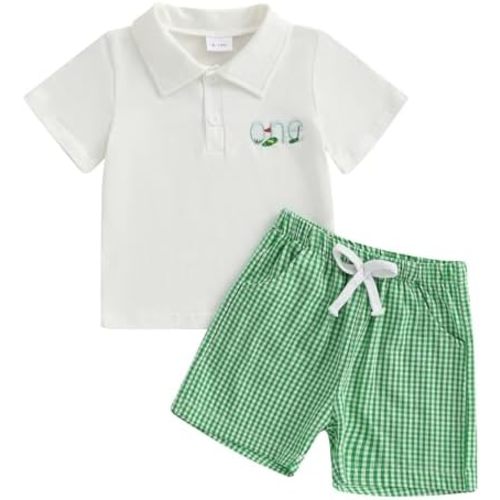 Baby Boy First Birthday Golf Outfit One Embroidery Short Sleeve Polo Shirt Tops Gingham Plaid Shorts Set