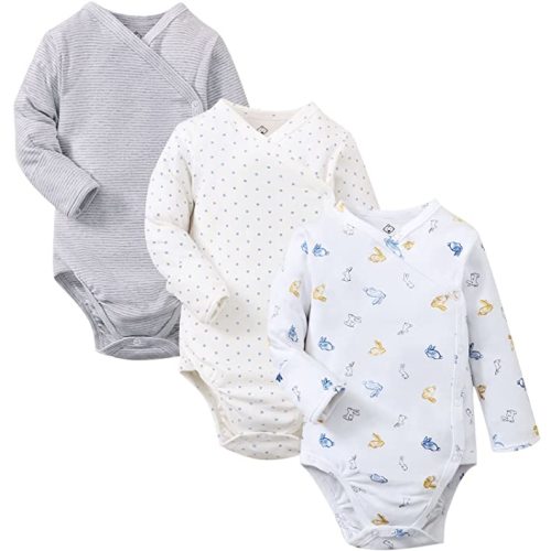 DEFAHN Baby Side Snap Bodysuit Kimono Onsies Newborn Boy Girl 3-Pack 100% Cotton Basic Pattern Kimono Bodysuits