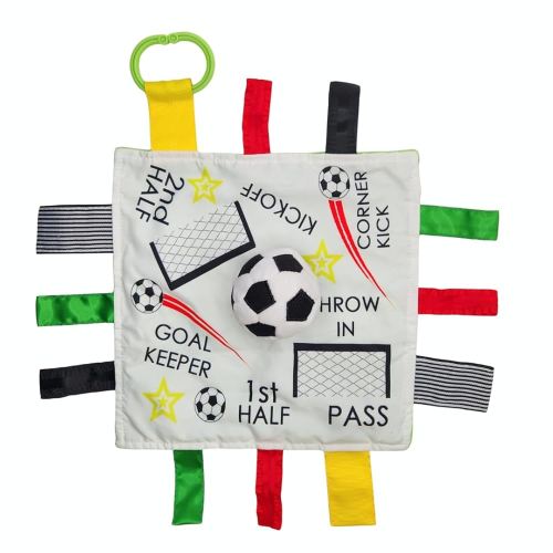 Baby Jack & Co 10x10” Soccer Sports Lovey Sensory Plush Blanket - Tag Toy for Babies - Baby Stroller Toys - Learn Shapes, Letters & Colors - MVP Ball Toy & Sports Gift w/Stroller Clip World Cup