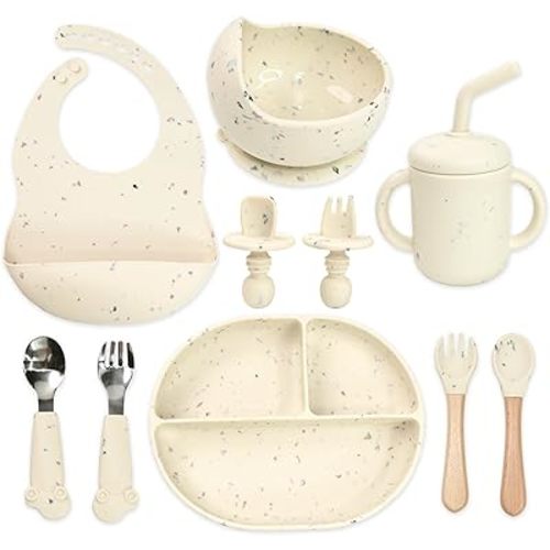 Silicone Baby Feeding Set - 10PCS Baby Led Weaning Supplies with Suction Bowl and Divided Plate, Bib Baby Cup Spoons Forks -Baby Feeding Essentials for 6+ Months