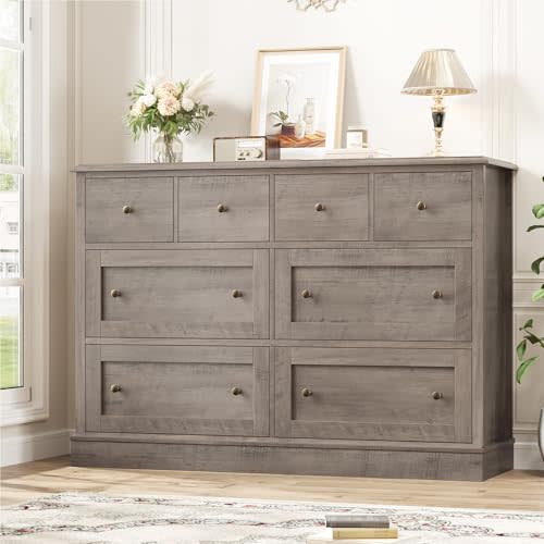 FINETONES Grey Dresser 8 Drawer Dresser, 47.2" Chest of Drawers Nursery Dresser with Large Storage, Wood Dresser with Deep Drawers, Long Dressers & Chests of Drawers for Home Office, Ash Grey