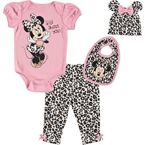 Disney Minnie Mouse Baby Girls Bodysuit Pants Bib and Hat 4 Piece Outfit Set Newborn to Infant