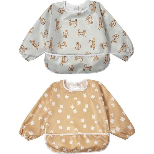 Little Dimsum Mess-Proof Baby Bibs|Infant Toddler Long Sleeve Waterproof Feeding Art Smock|Catching Food & Wipe Clean| Pack of 2 Colors(tiger&pigeon)