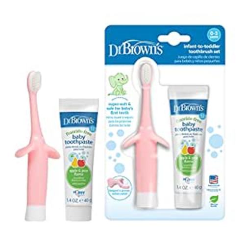Amazon.com : Dr. Brown’s Infant-to-Toddler Training Toothbrush Set, Pink Elephant with Fluoride-Free Apple Pear Baby Toothpaste, 0-3 years : Health & Household