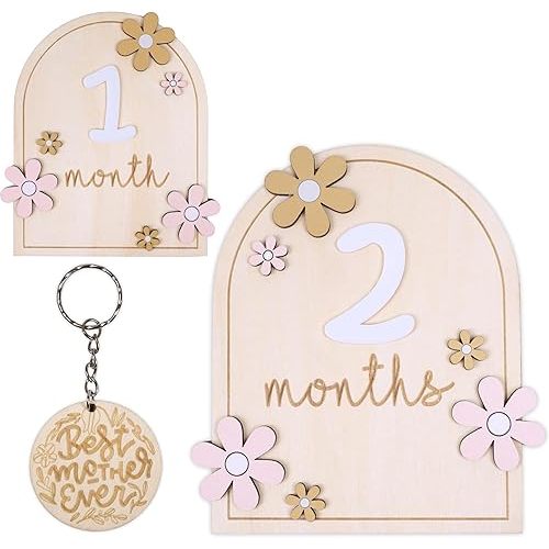 Monthly Baby Milestone Signs - Baby Monthly Milestone Wooden Circles for 1-12 Month Photos & Gender Neutral Announcement Cards (Flower)