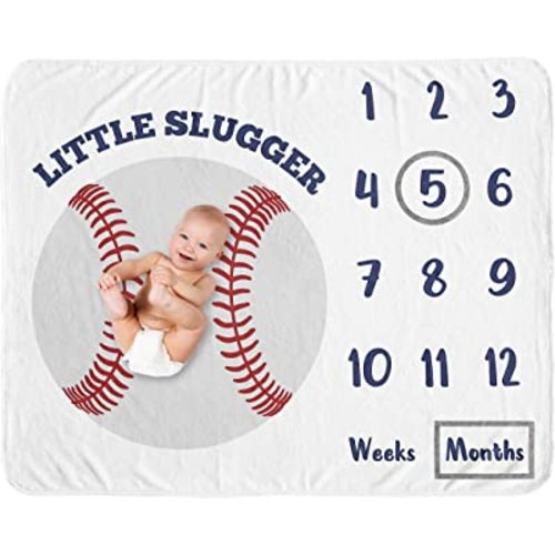 Sweet Jojo Designs Baseball Boy Milestone Blanket Monthly Newborn First Year Growth Mat Baby Shower Memory Keepsake Gift Picture - Red White and Blue Americana Sports Little Slugger