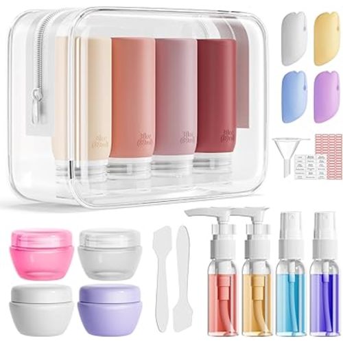 Muslish 21 Pack Travel Bottles for Toiletries, Leak-Proof TSA Compliant Silicone Travel Size Containers for Shampoo and Conditioner, BPA Free with Toiletry Bag (Cream)