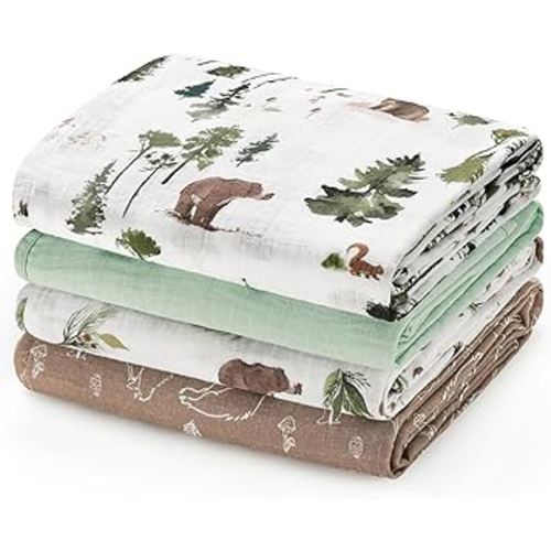 david's kids 4 Pack Baby Muslin Swaddle Blankets, 100% Cotton and Ultra Soft Breathable Receiving Blanket Wrap for Boys Girls, New Born Essentials, Large 47 x 47 inches, Woodland Animals/Green