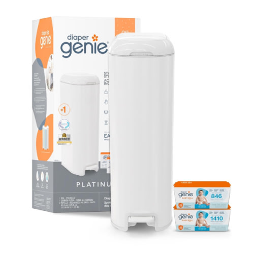 Diaper Genie Platinum Pail Gift Set, Lily White, Made of Durable Stainless Steel and Includes 2 Easy Roll Refills with 18 Bags and 30 Bags