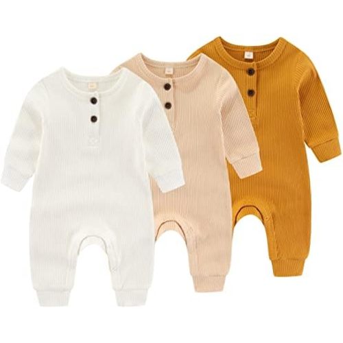Newborn Baby Boys Girls One Piece Romper With Mitten Cuffs 3 Pack Long Sleeve Ribbed Button Jumpsuit Outfit Clothes