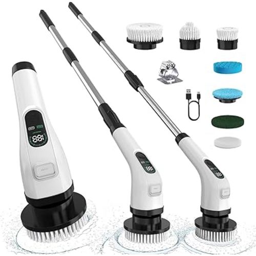 Electric Spin Scrubber with Long Handle: ALPONO Cordless Power Shower Scrubber Spin Brush with 7 Brush Replacement Heads for Cleaning Bathroom,Tub, Tile (Black)