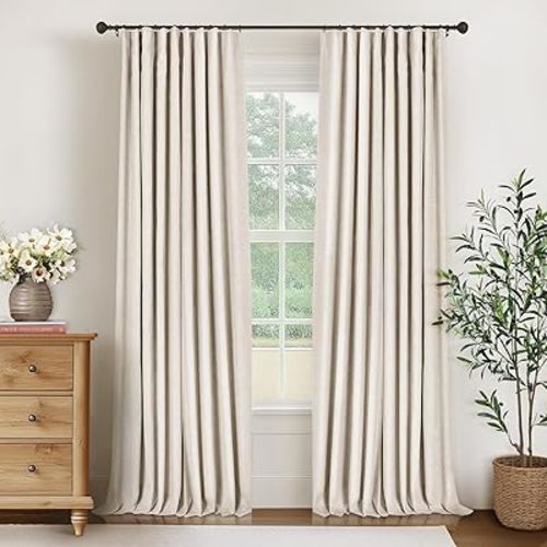 INOVADAY 100% Blackout Curtains for Bedroom, Black Out Curtains 95 Inch Long, Clip Rings Linen Blackout Drapes, Thermal Insulated Room Darkening for Living Room, 2 Panels - Cream,W50xL95