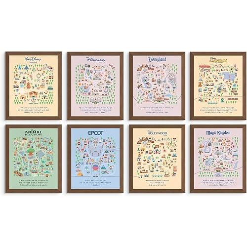 Disneyland Posters - Disney Wall Art, Disneyland Travel Poster, Disney Prints Wall Art, Magic Kingdom and Epcot Picture Decor, Theme Park Map Artwork Set - Unframed Set of 8 (8x10")