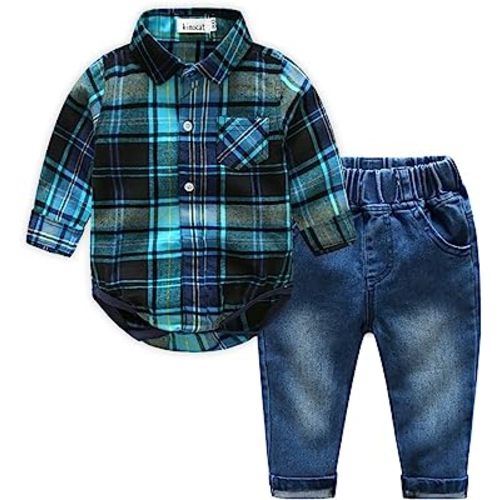Kimocat Casual Suit for Toddler Boy 2Pcs Long Sleeve Plaid Shirtand Jeans Outfits