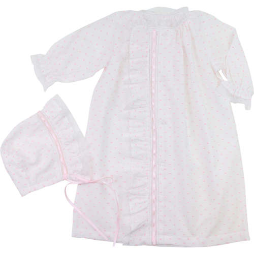 Pink Swiss Dot Heirloom Baby Gown And Bonnet