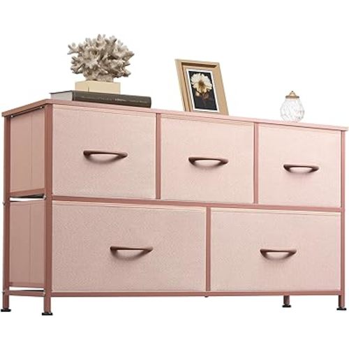 WLIVE Dresser for Bedroom with 5 Drawers, Wide Chest of Drawers, Fabric Dresser, Storage Organization Unit with Fabric Bins for Closet, Living Room, Hallway, Pink and Rose Gold