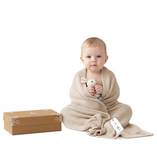 100% Organic Cotton Baby Knitted Blanket with Gift Box - Soft Toddler, Crib, Stroller Blanket - Neutral Swaddle and Receiving Blanket for Newborns, 30"x40", Color Earth Ivory